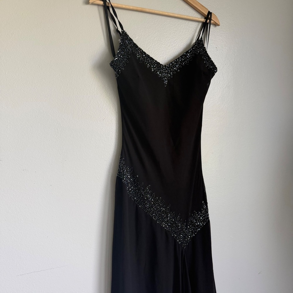 Vintage Y2K Black Beaded‎ Asymmetrical Handkerchief Hem Midi Cocktail Dress M - Picture 2 of 7